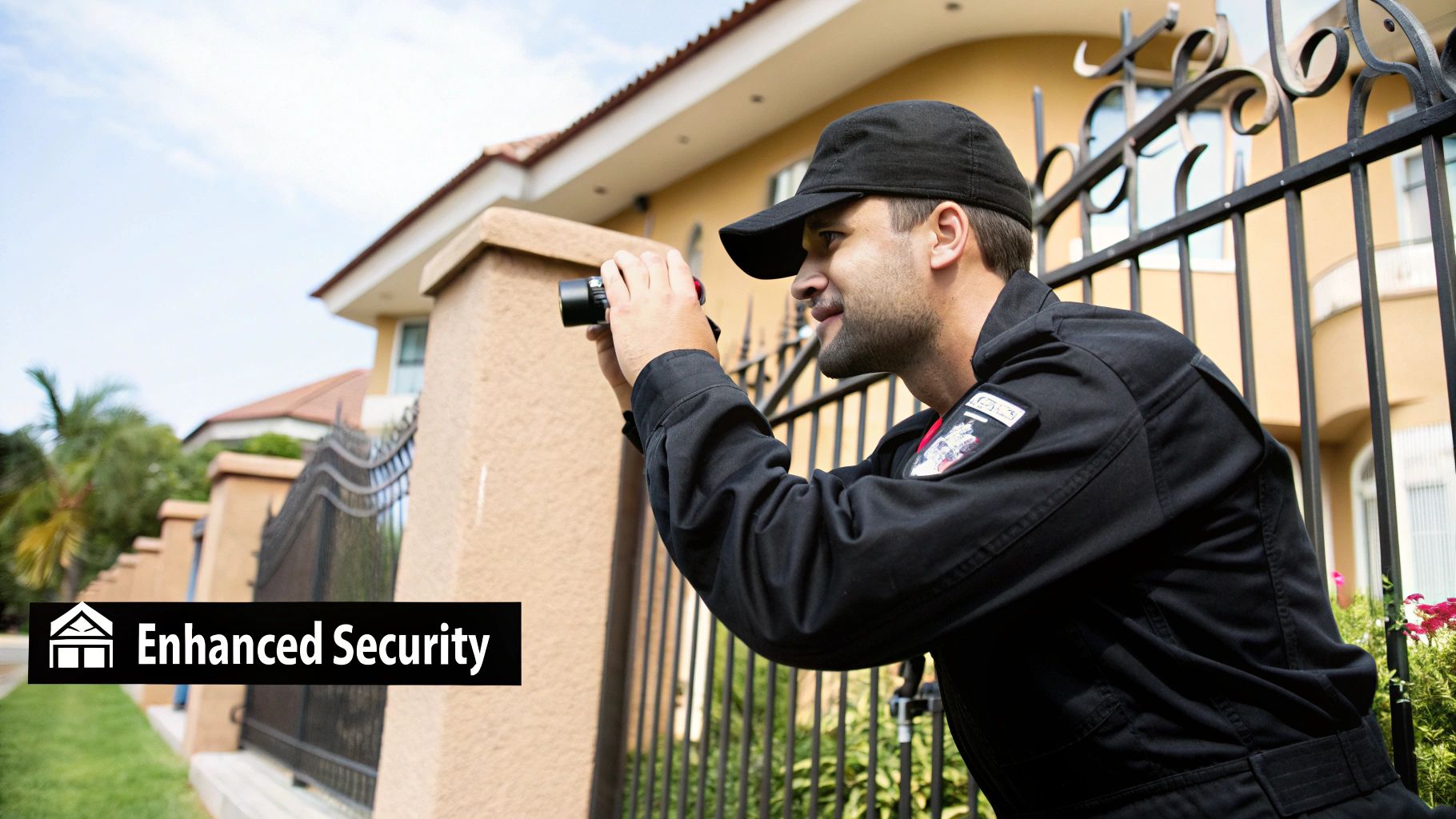 Security officer monitoring property with camera, enhanced security presence, residential area, proactive crime prevention.