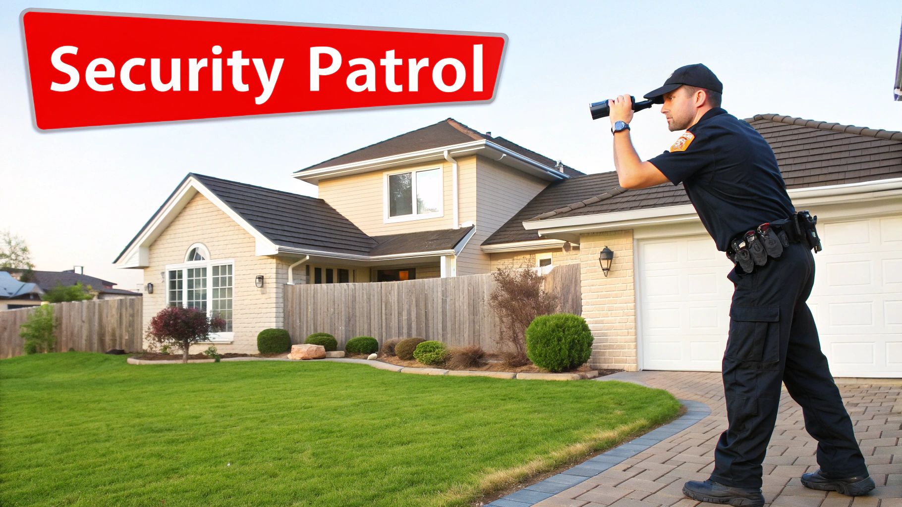 Security guard conducting a patrol in a residential area, observing surroundings with binoculars, emphasizing home security and proactive protection measures.