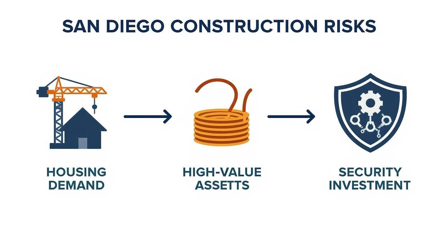 San Diego construction risk management flow diagram showing housing demand leading to high-value assets requiring security investment