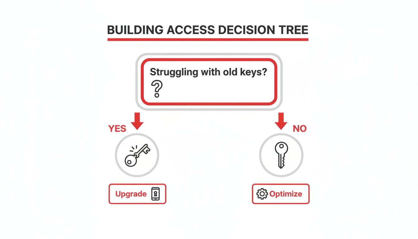 A decision tree flowchart for building access asks 'Struggling with old keys?' leading to 'Upgrade' or 'Optimize'.