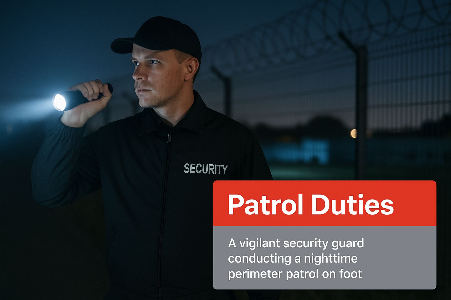 Vigilant security guard conducting nighttime perimeter patrol with flashlight, emphasizing the importance of specific patrol duties in security operations.