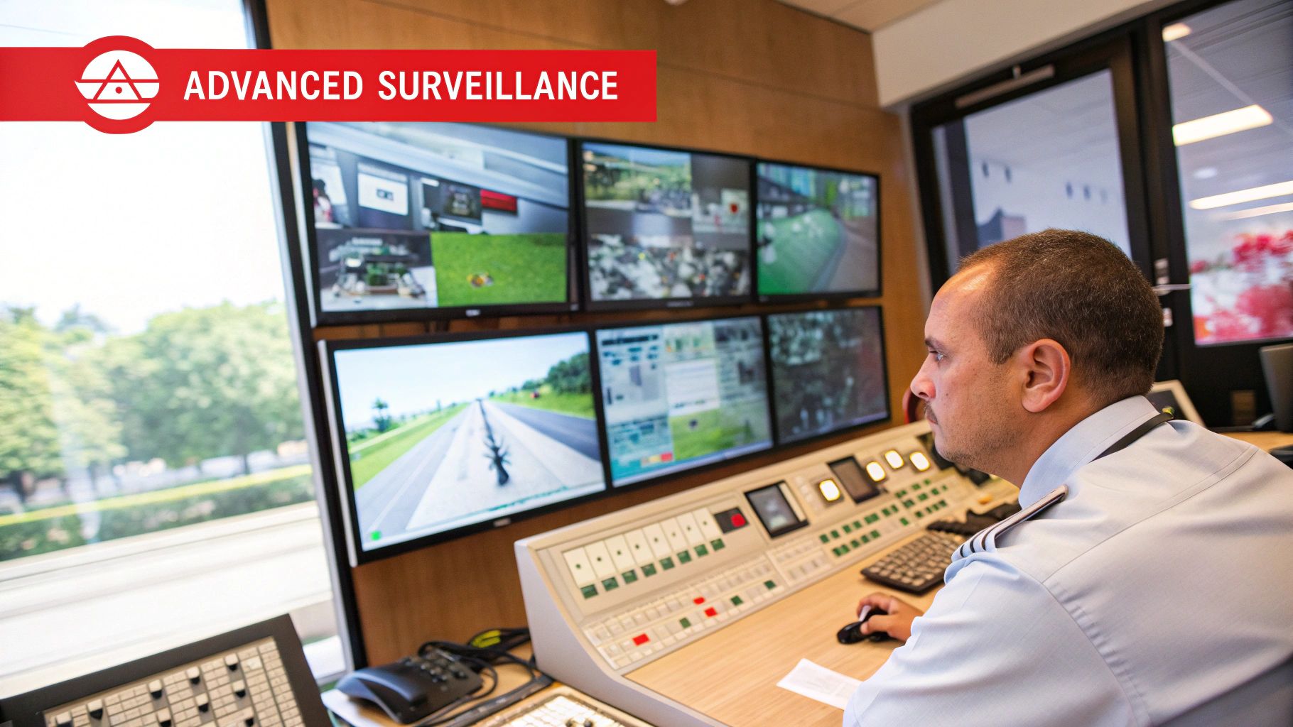 Security professional monitoring multiple surveillance screens in a control room, emphasizing advanced surveillance technology for home safety and security.