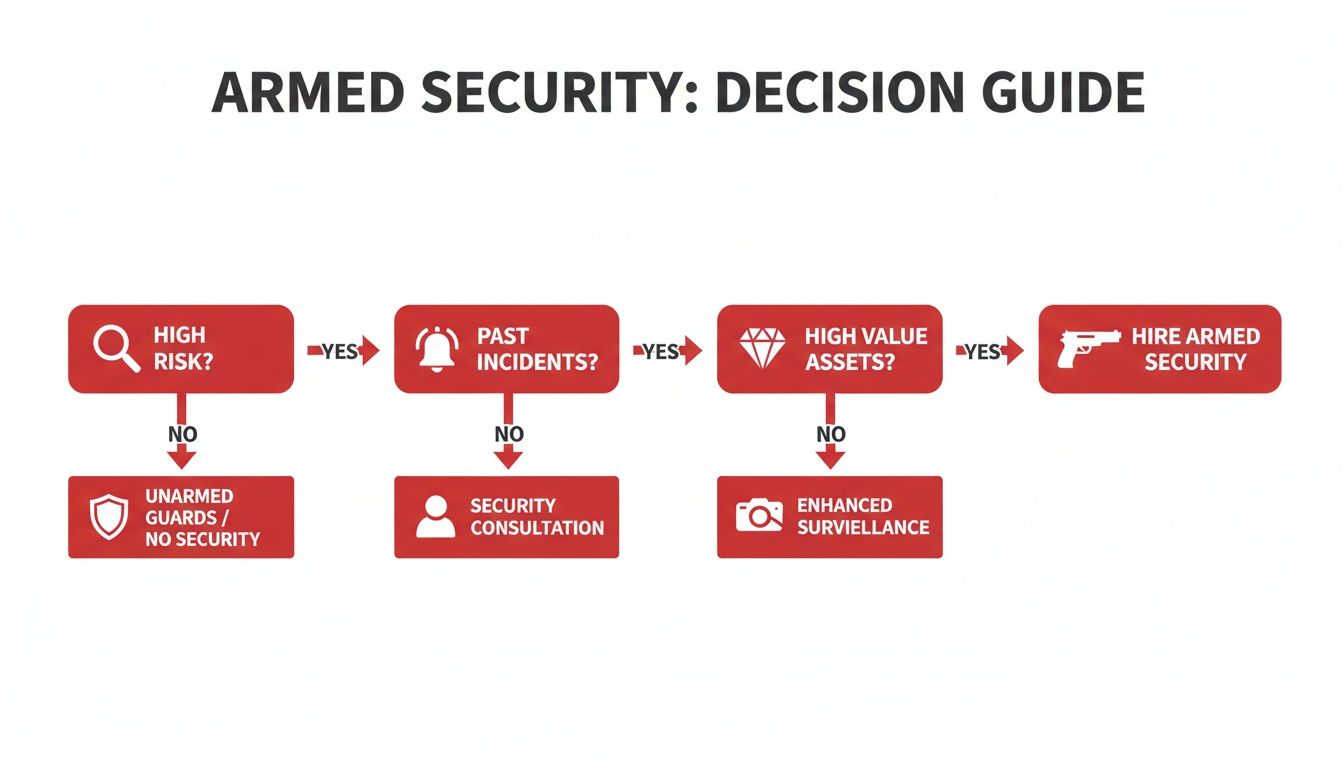 Flowchart decision guide for armed security, assessing risk, past incidents, and high value assets.