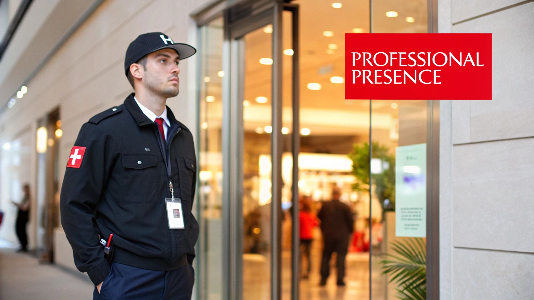 A professional male security guard in a black uniform and red tie stands by a building entrance.