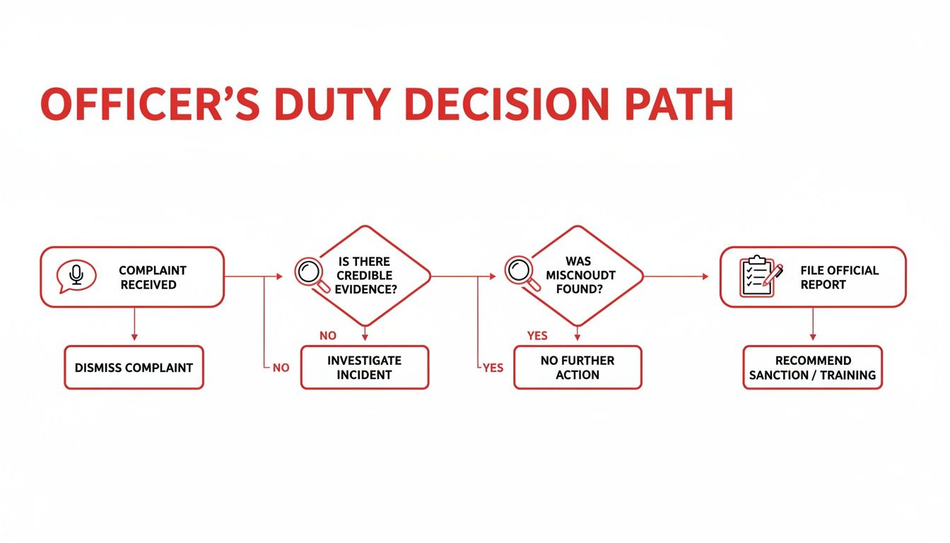A flowchart detailing an officer's duty decision path from complaint reception to sanctions or dismissal.