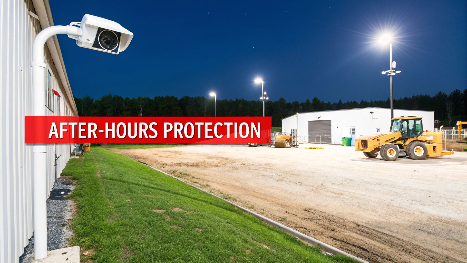 Security camera monitors a brightly lit industrial yard with heavy machinery at night, offering after-hours protection.