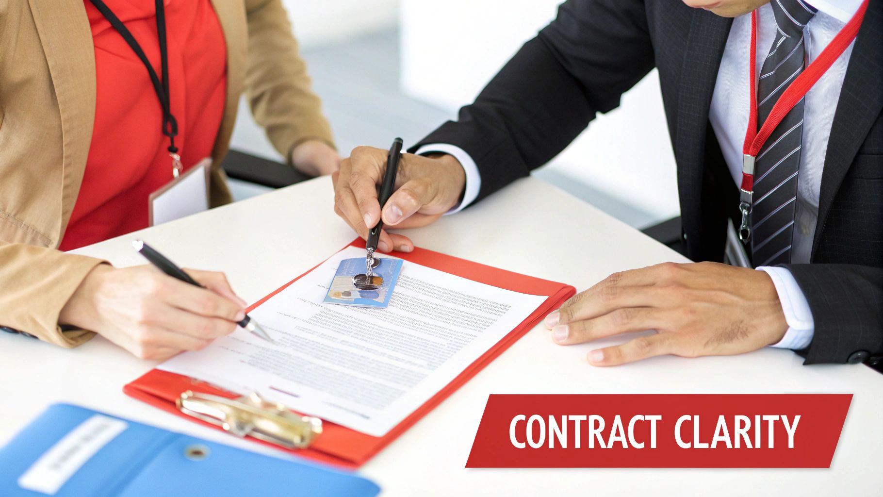 Two professionals, a man and a woman, signing a contract on a desk, symbolizing business agreement.