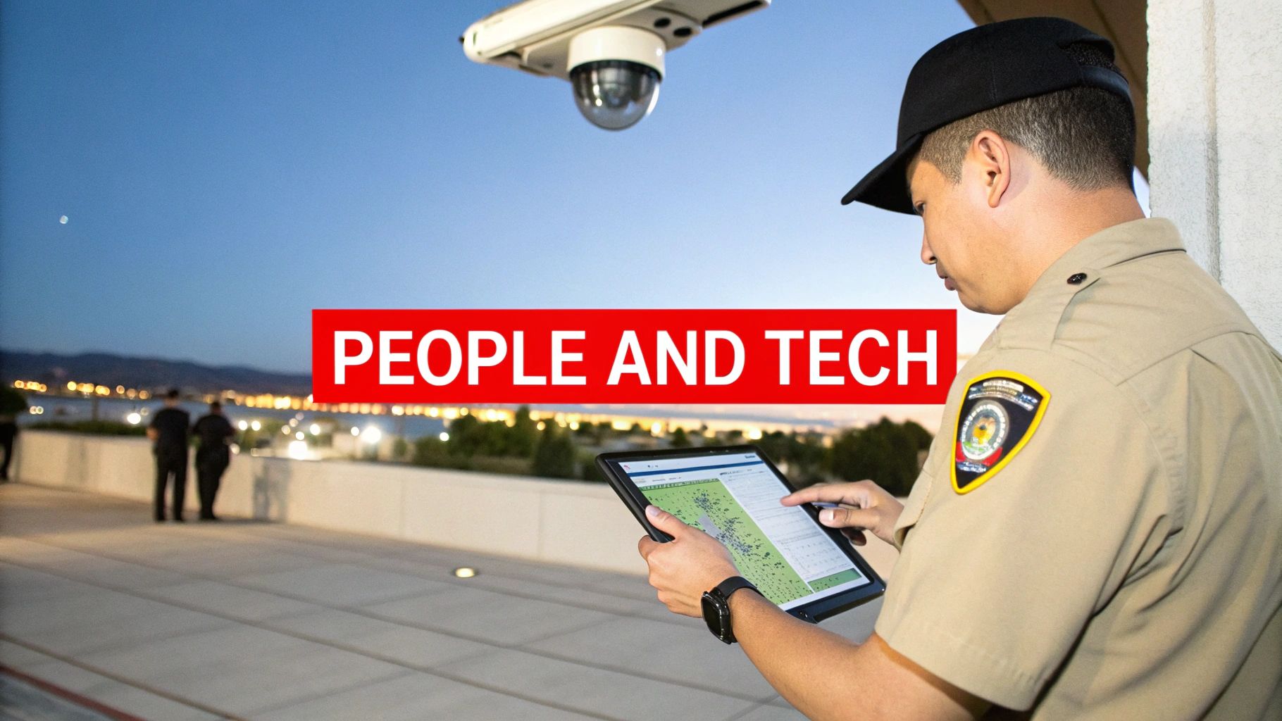 A security guard uses a tablet with a map, with a surveillance camera overhead and city lights at night.