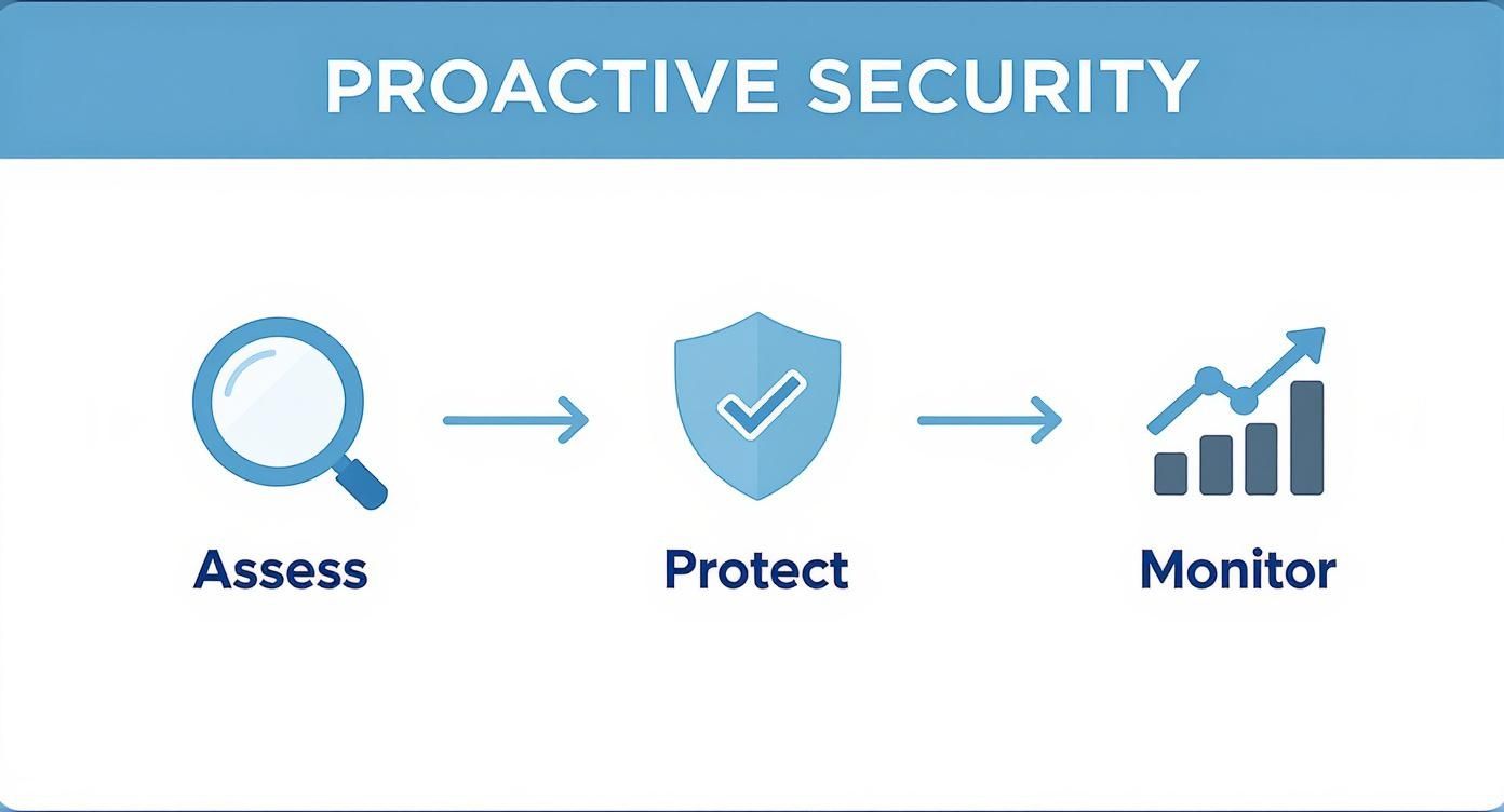 A graphic illustrating 'Proactive Security' process: Assess, Protect, and Monitor, connected by arrows.