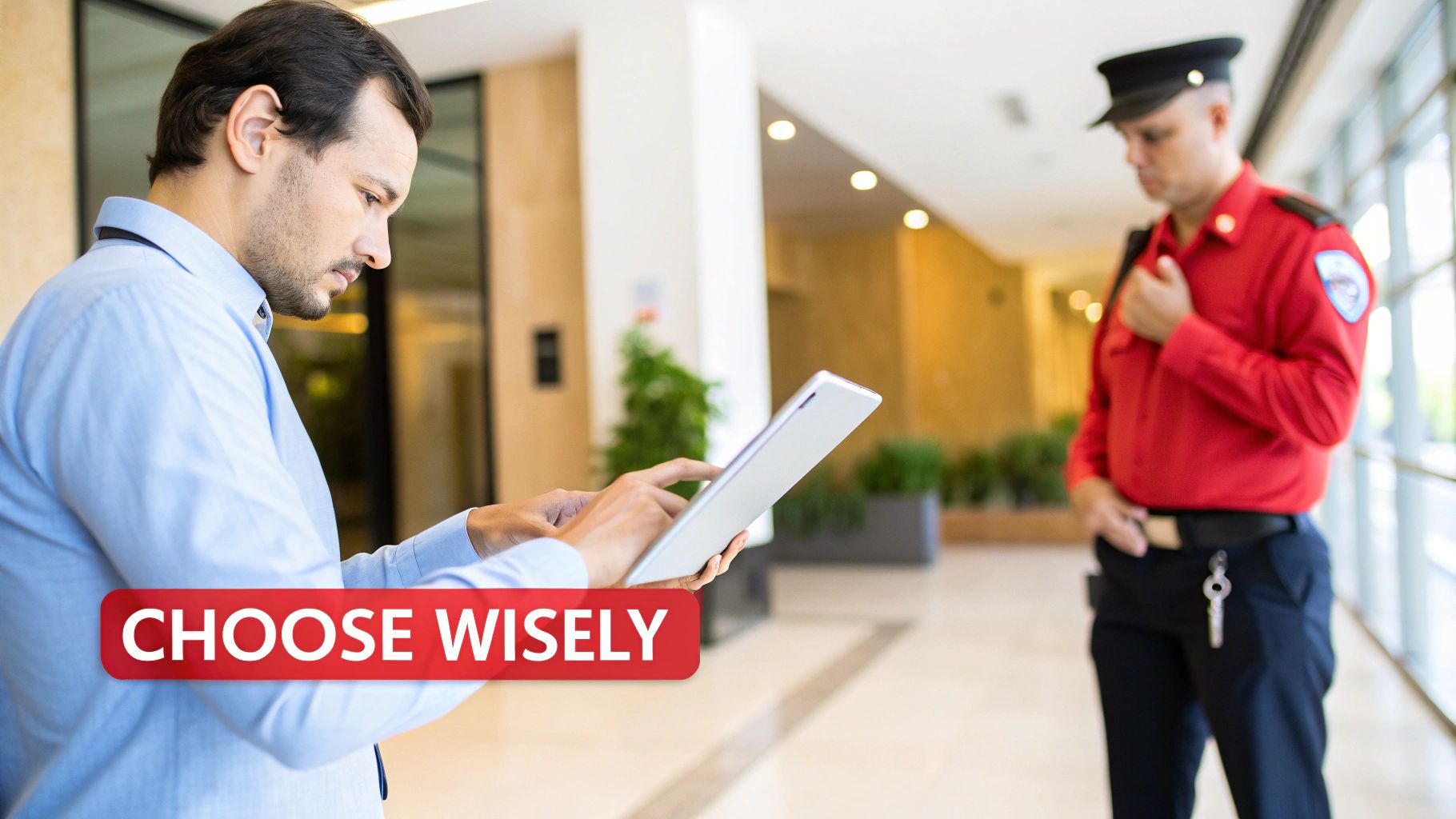 A man uses a tablet in a modern building, with a security guard nearby and 'CHOOSE WISELY' text.