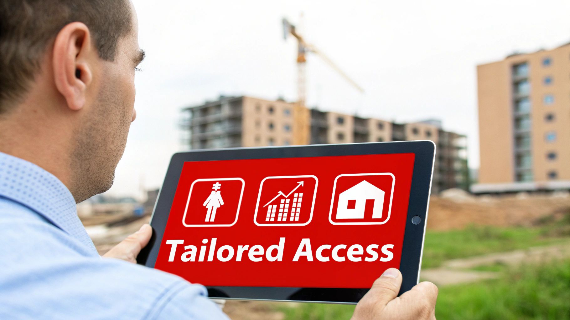 Man holding a tablet showing 'Tailored Access' and icons in front of a construction area.