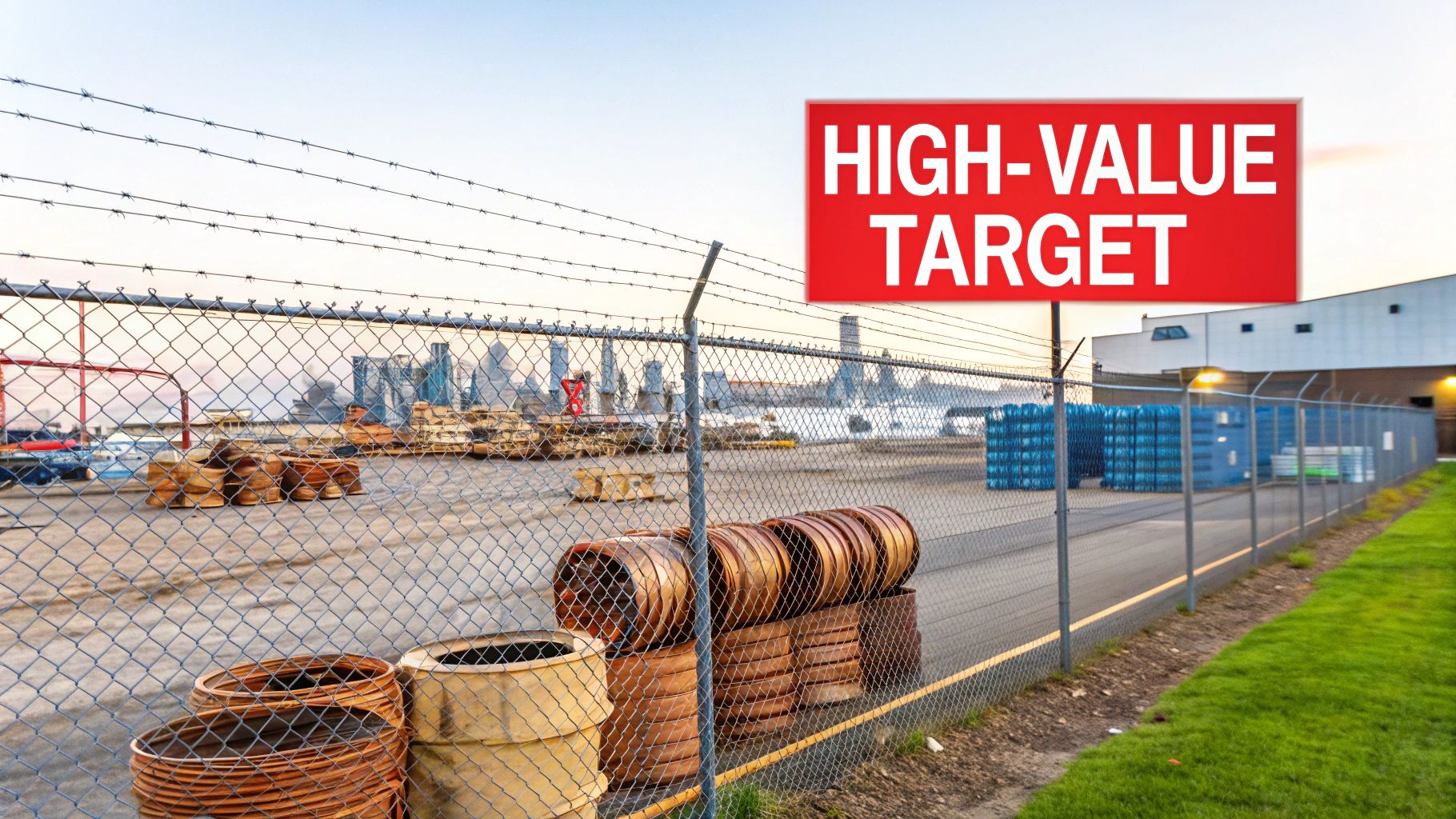 A secure industrial site with a fence, barbed wire, and a 'HIGH-VALUE TARGET' sign.