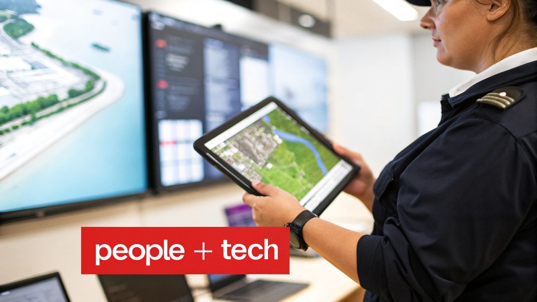 Security personnel in uniform holding a tablet with a map, in a modern control room.