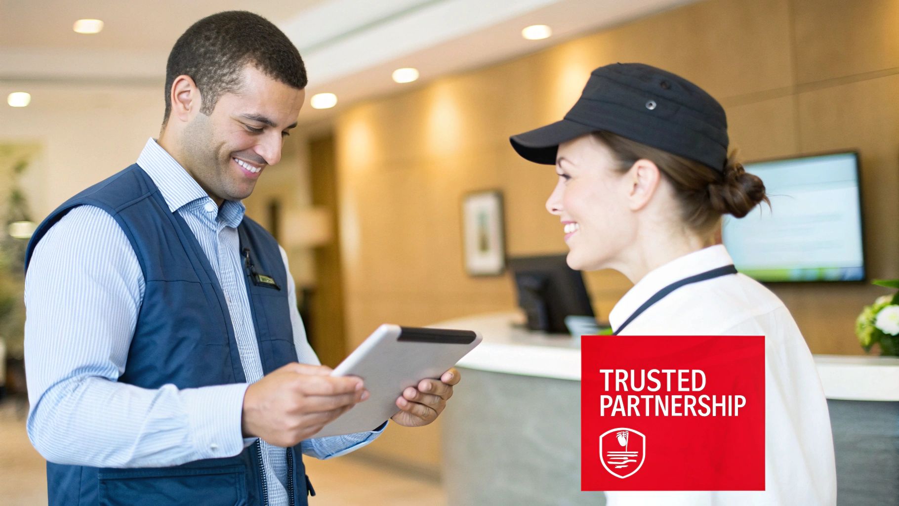 Two service professionals, a man and a woman, smiling and discussing information on a digital tablet in a bright lobby.