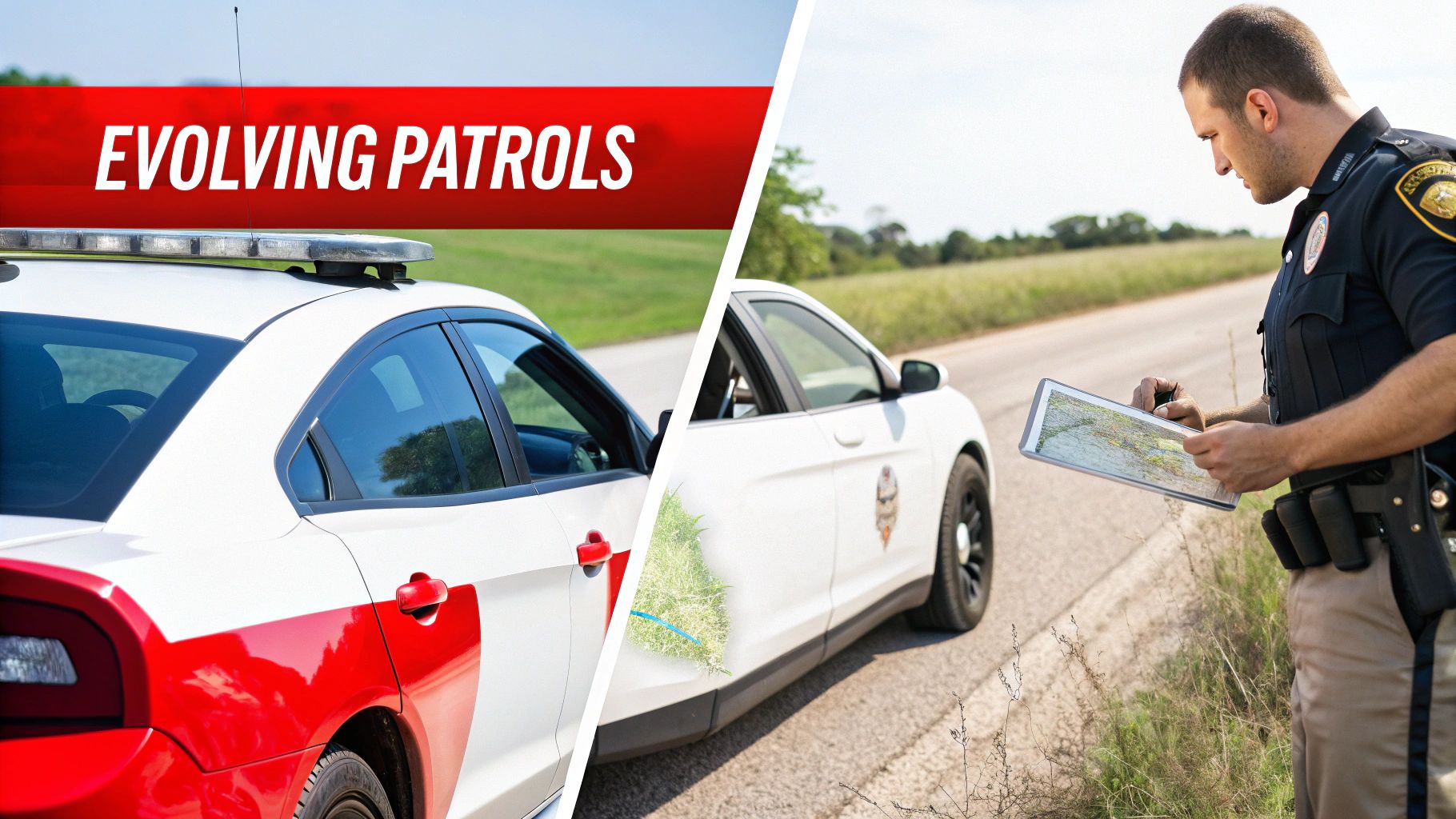 A split image showing a police car with a light bar and an officer reviewing a map by a patrol car, with text 'Evolving Patrols'.