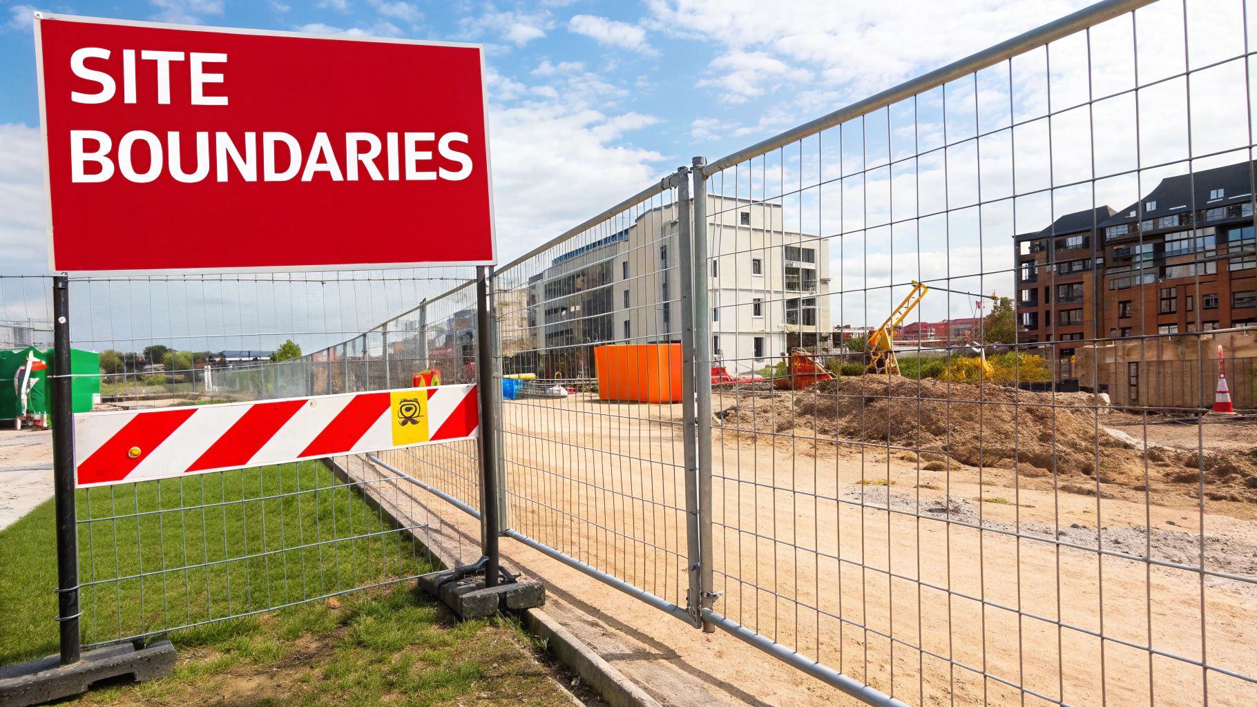 Construction site with a red "SITE BOUNDARIES" sign, surrounded by a security fence, showcasing heavy equipment and materials in the background, emphasizing the importance of site security.