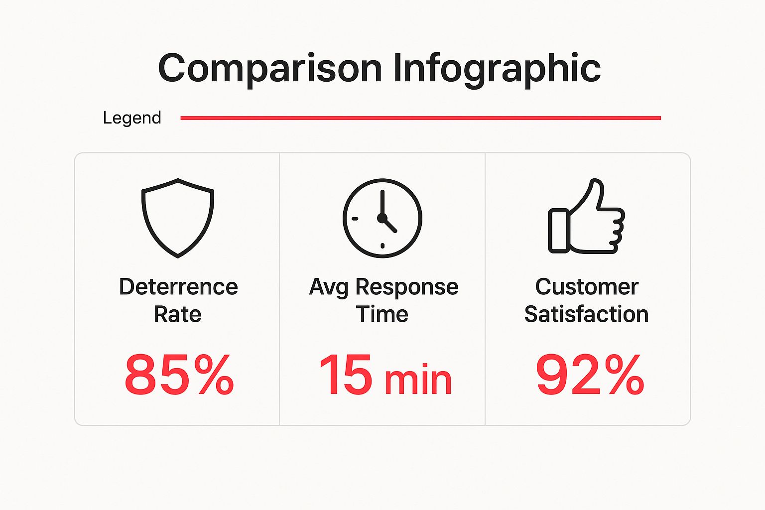 Comparison infographic displaying security performance metrics: 85% deterrence rate, 15-minute average response time, and 92% customer satisfaction.