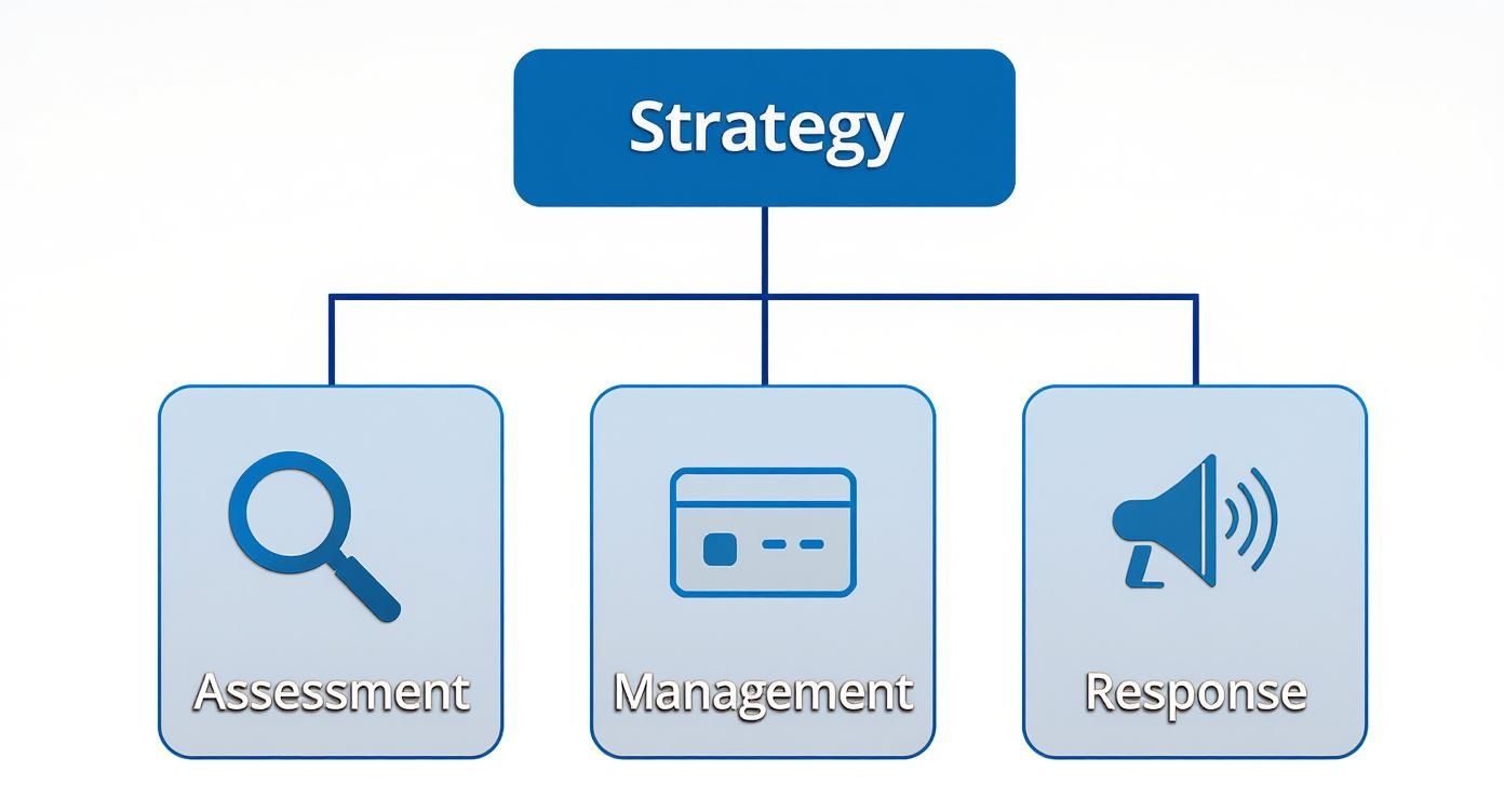 Strategy diagram illustrating three key components: Assessment, Management, and Response, relevant to building security solutions by Overton Security Services.