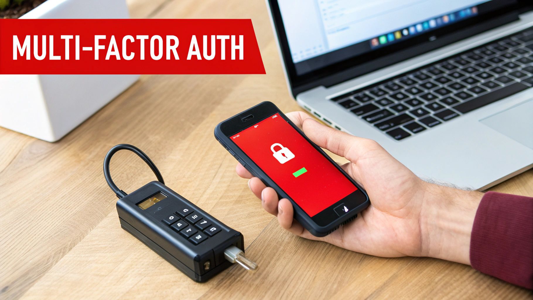 Smartphone displaying a red lock screen app for Multi-Factor Authentication, alongside a security device on a wooden table, emphasizing access control best practices for property security.