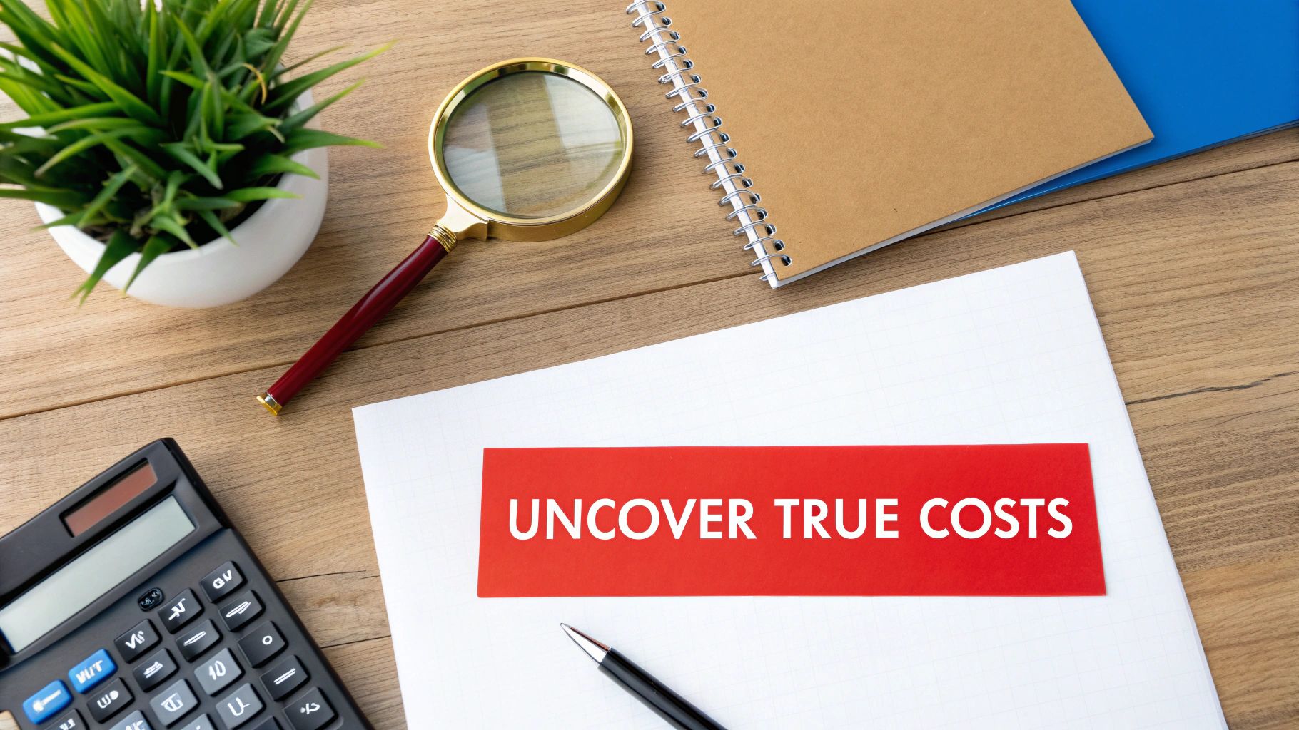 Overhead view of a wooden desk with a calculator, magnifying glass, and a document displaying 'UNCOVER TRUE COSTS'.