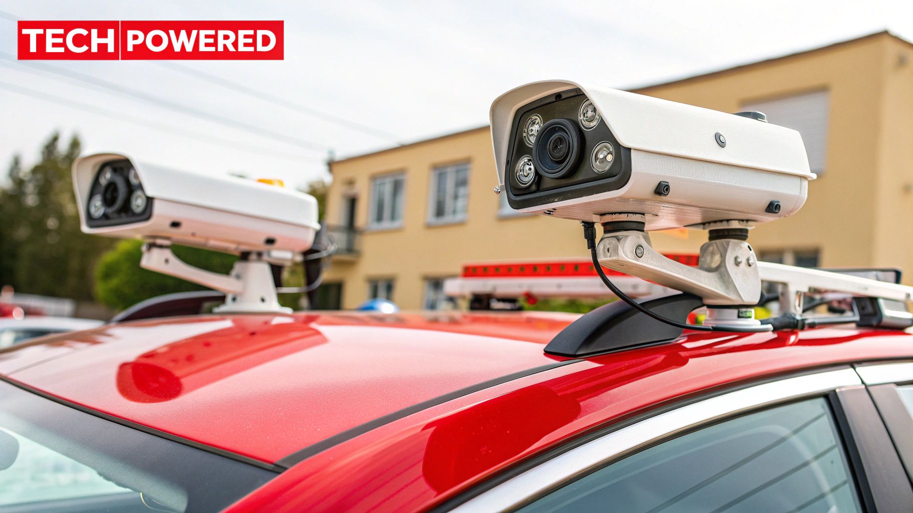 Vehicle security patrol car equipped with advanced surveillance cameras, featuring a "TECH POWERED" logo, positioned on a red vehicle, emphasizing modern technology in crime deterrence for construction sites.