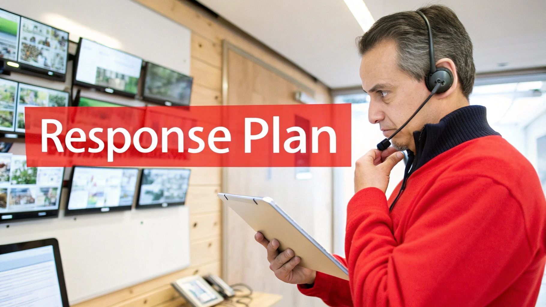 Man in red sweater using tablet and headset, focused on security monitoring displays, with "Response Plan" text overlay, illustrating proactive incident management for property safety.