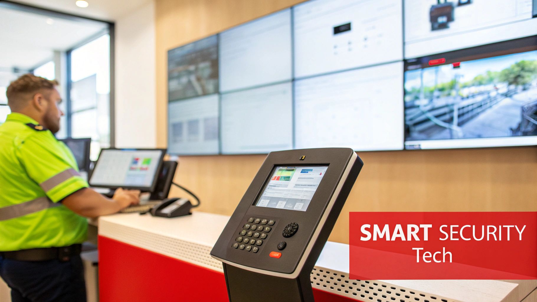 Security guard monitoring surveillance footage and data on multiple screens in a modern control room.