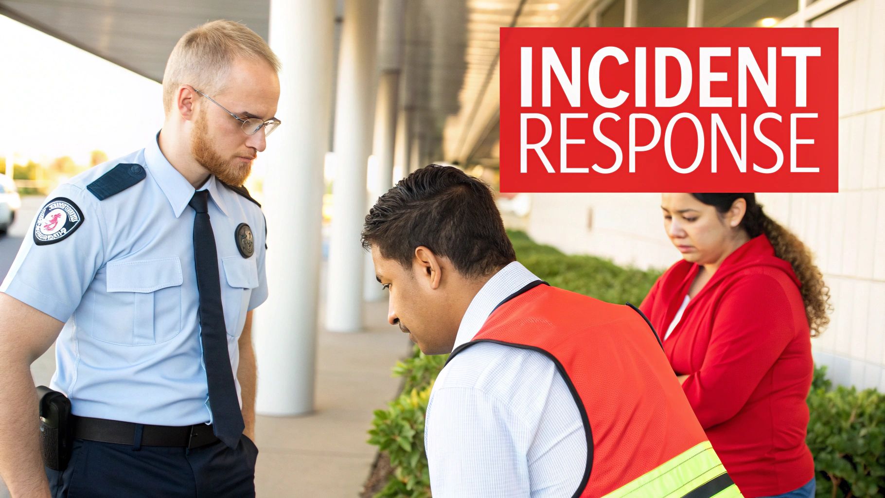 Security personnel and incident response team members discussing safety measures, with a focus on workplace violence prevention strategies.