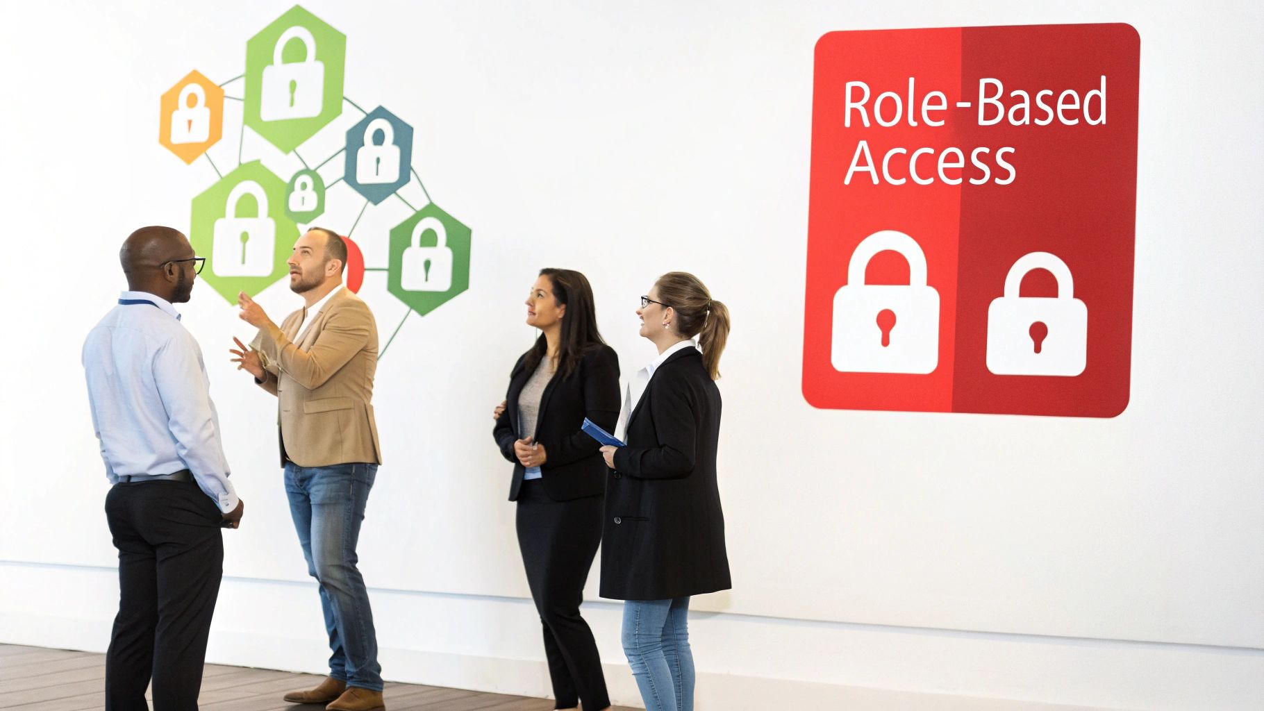 Group of professionals discussing security strategies in front of a wall displaying visual representations of access control concepts, including a prominent sign for "Role-Based Access" and various lock icons.