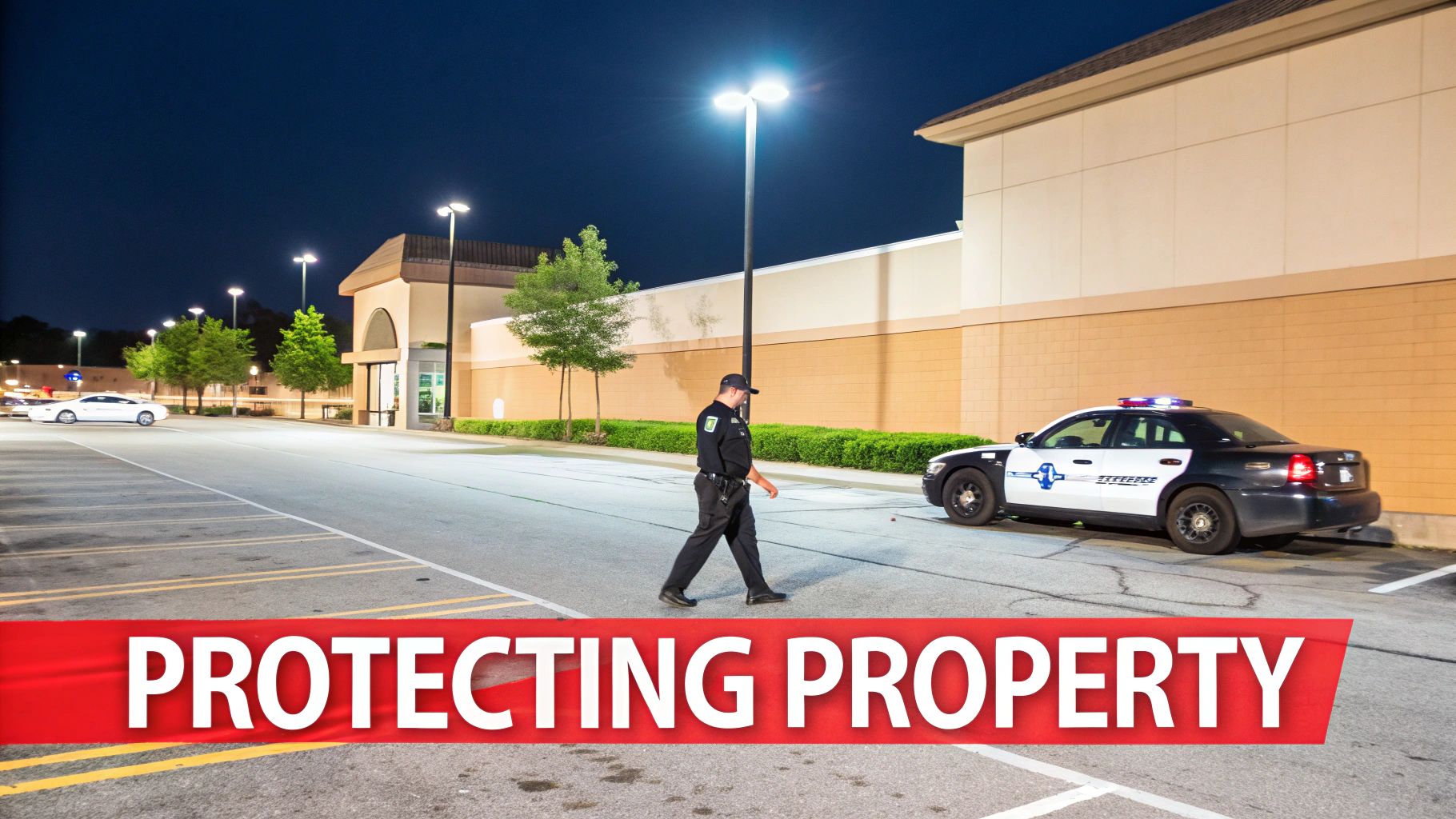 A security guard patrols a parking lot at night, with a police car and building nearby.