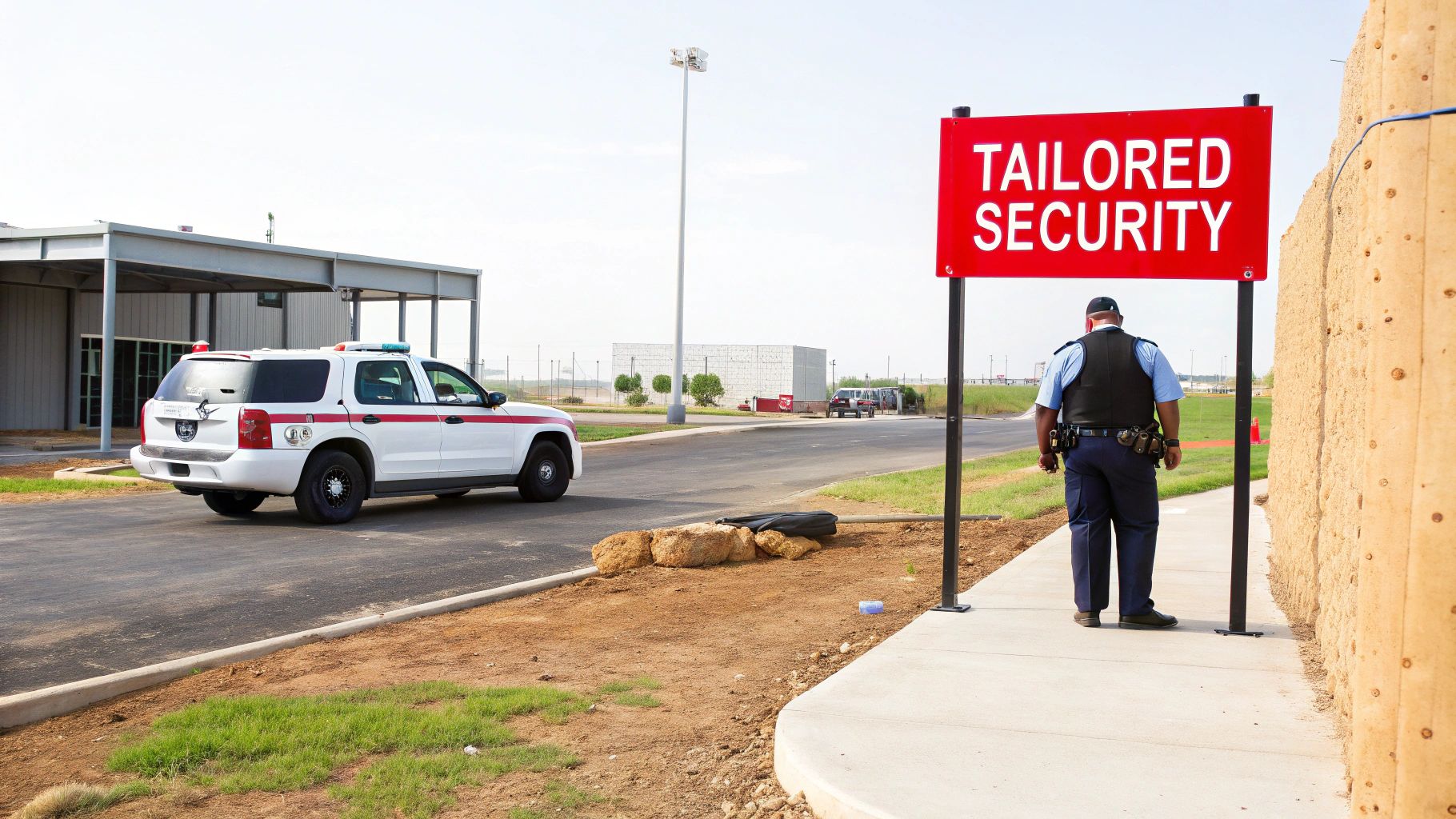 Security officer standing under tailored security sign at construction site entrance with patrol vehicle