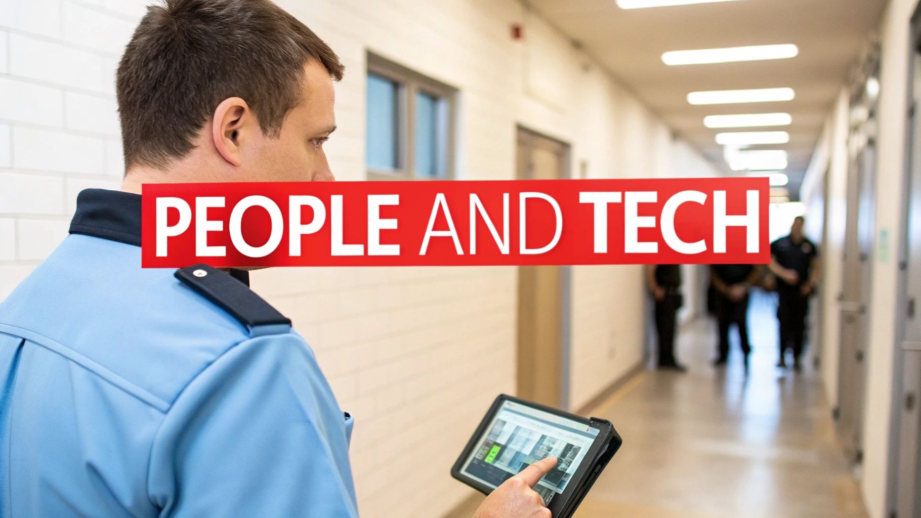 Security guard using tablet device for facility monitoring in modern institutional hallway