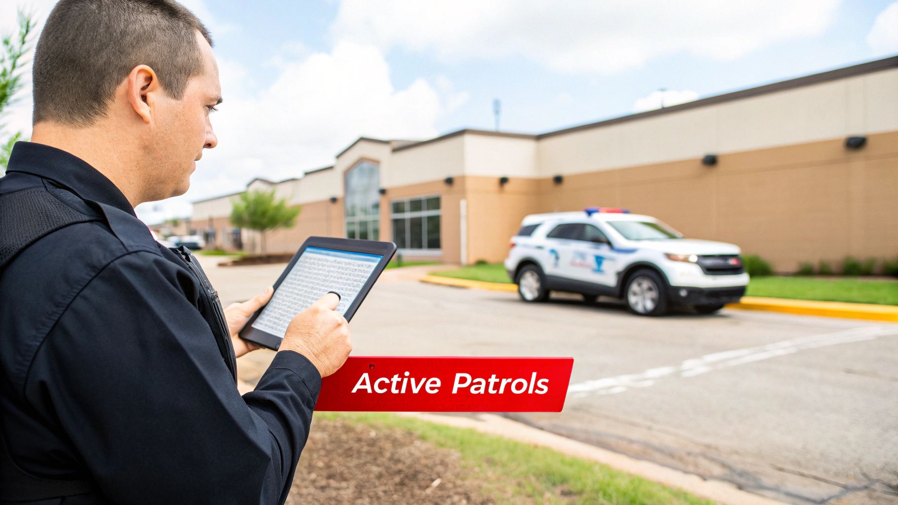 A security officer uses a tablet outdoors, with a patrol car and 'Active Patrols' sign visible.