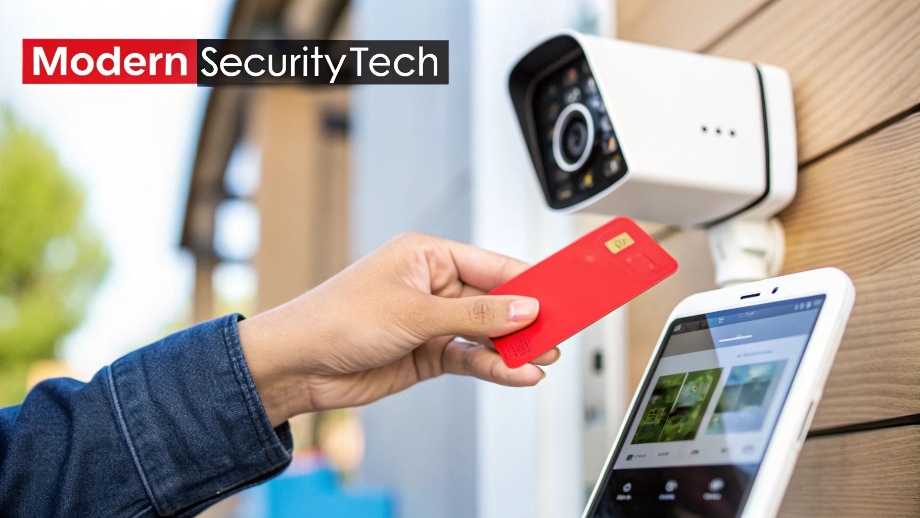 A hand presenting a red card to a smart security camera while viewing an app on a smartphone.