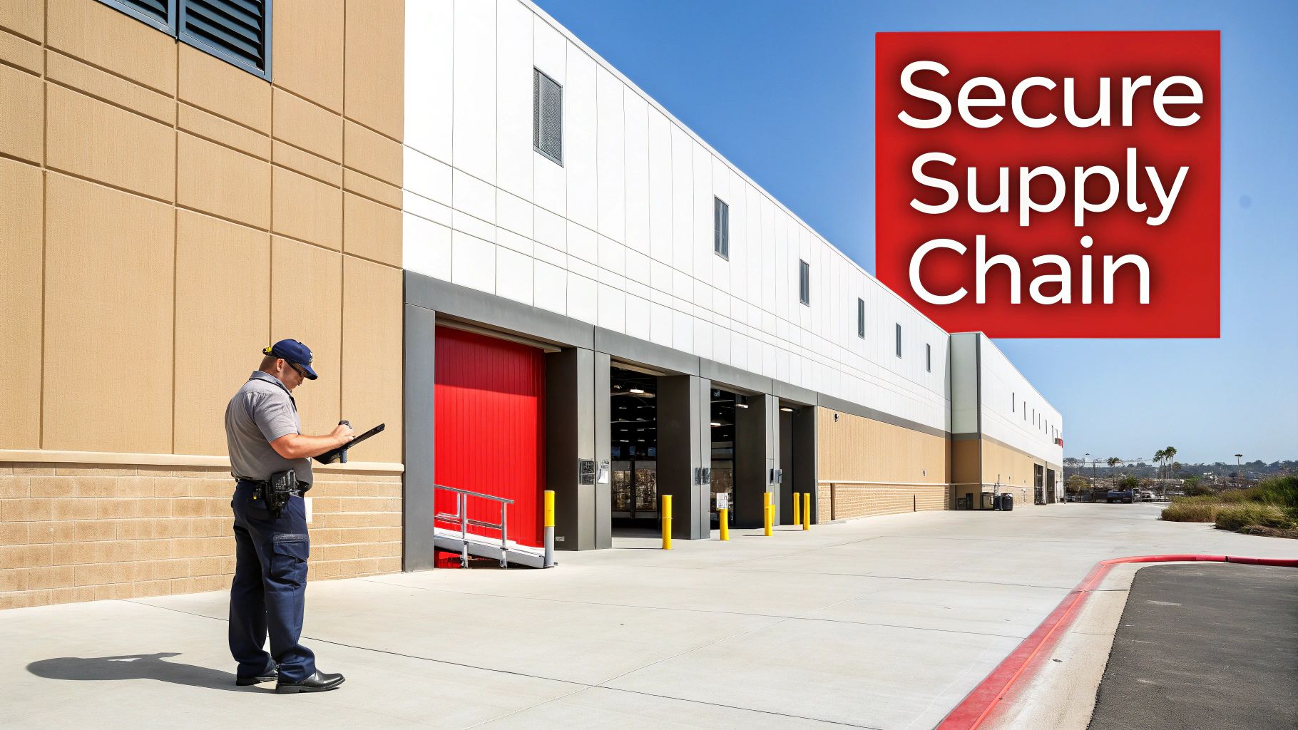 Security guard monitoring warehouse loading docks with tablet for supply chain protection