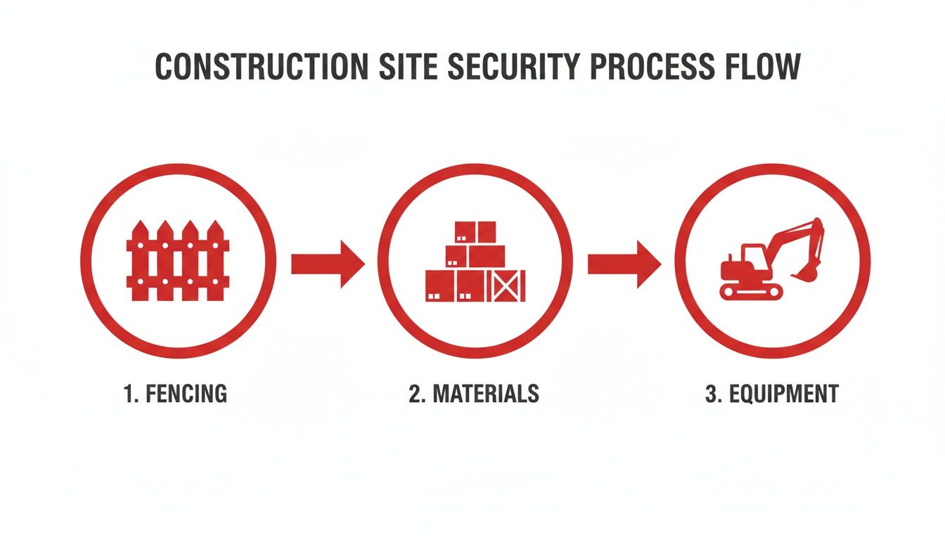 Flowchart illustrating a construction site security process with steps for fencing, materials, and equipment protection.