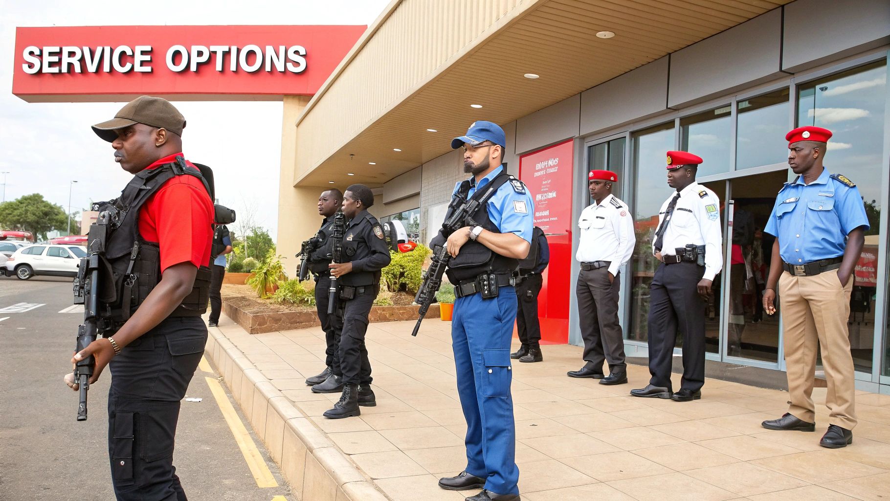 Security personnel in tactical gear standing guard outside a building with a "SERVICE OPTIONS" sign, emphasizing the importance of tailored security solutions for various environments.