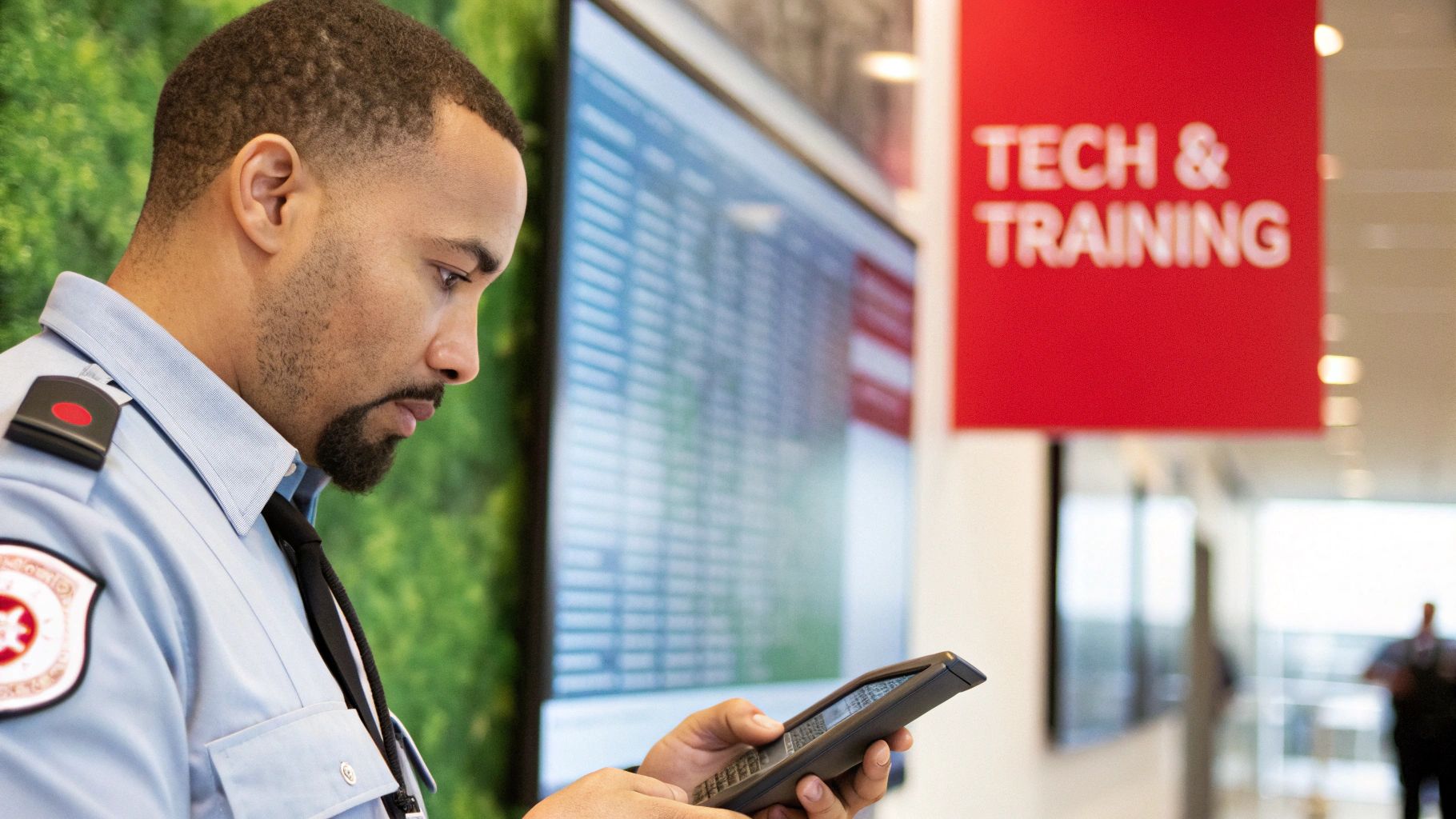 Armed security guard using a tablet in a modern facility, with a focus on technology and training, emphasizing professional security services in Los Angeles.