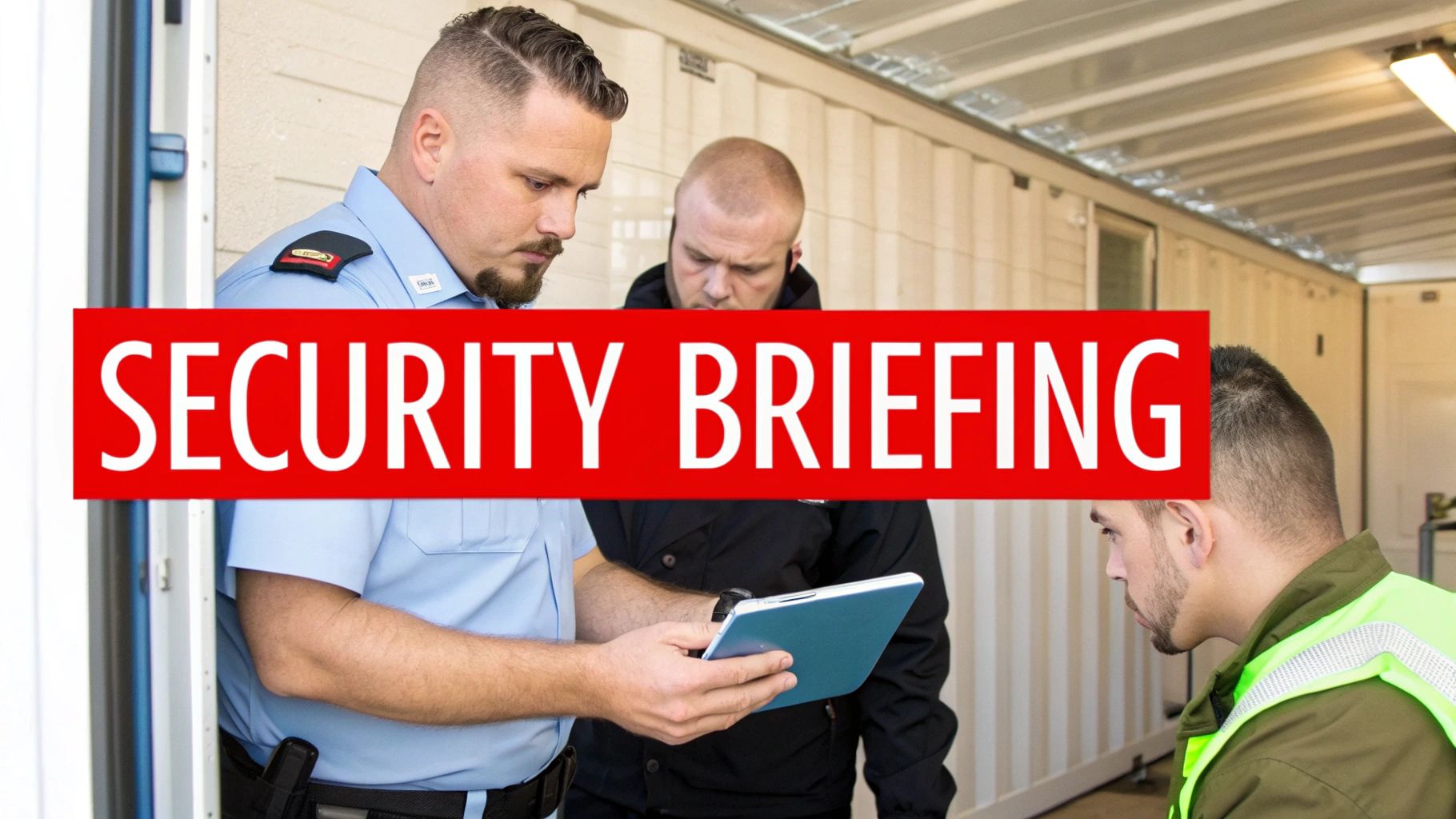 Three security personnel are conducting a briefing, with one officer holding a tablet inside a temporary structure.