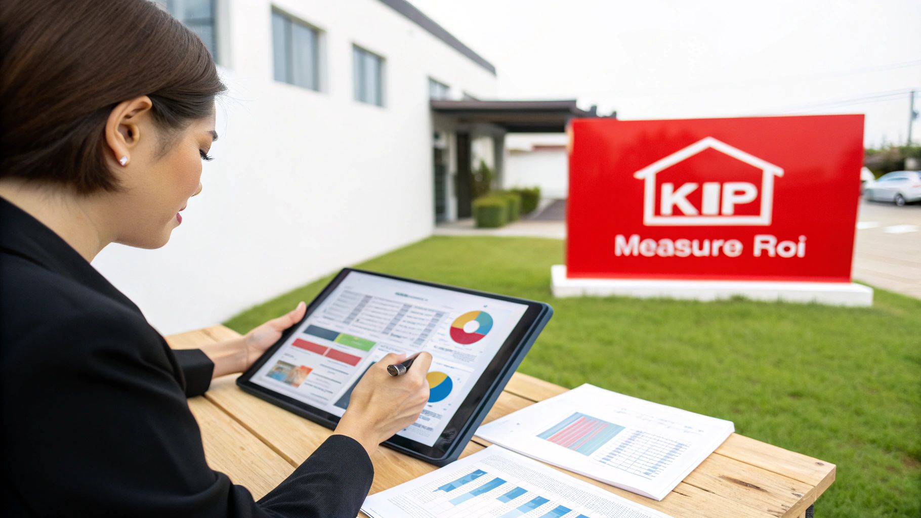 A person analyzes business data on a tablet outdoors, with charts on screen and papers.