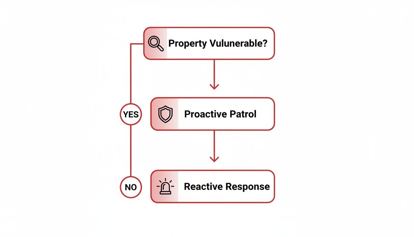 A flowchart illustrating security processes: assessing property vulnerability, leading to proactive patrol or reactive response.