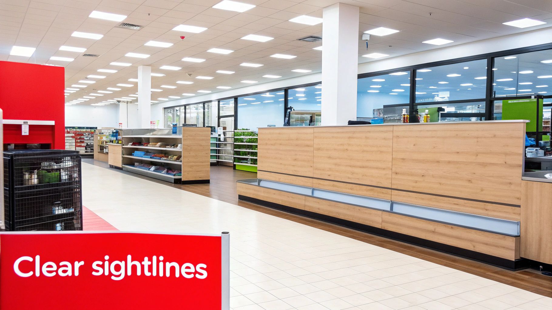 Clear sightlines in a retail store layout with low shelving and a prominent sign stating "Clear sightlines," emphasizing visibility to deter shoplifting.