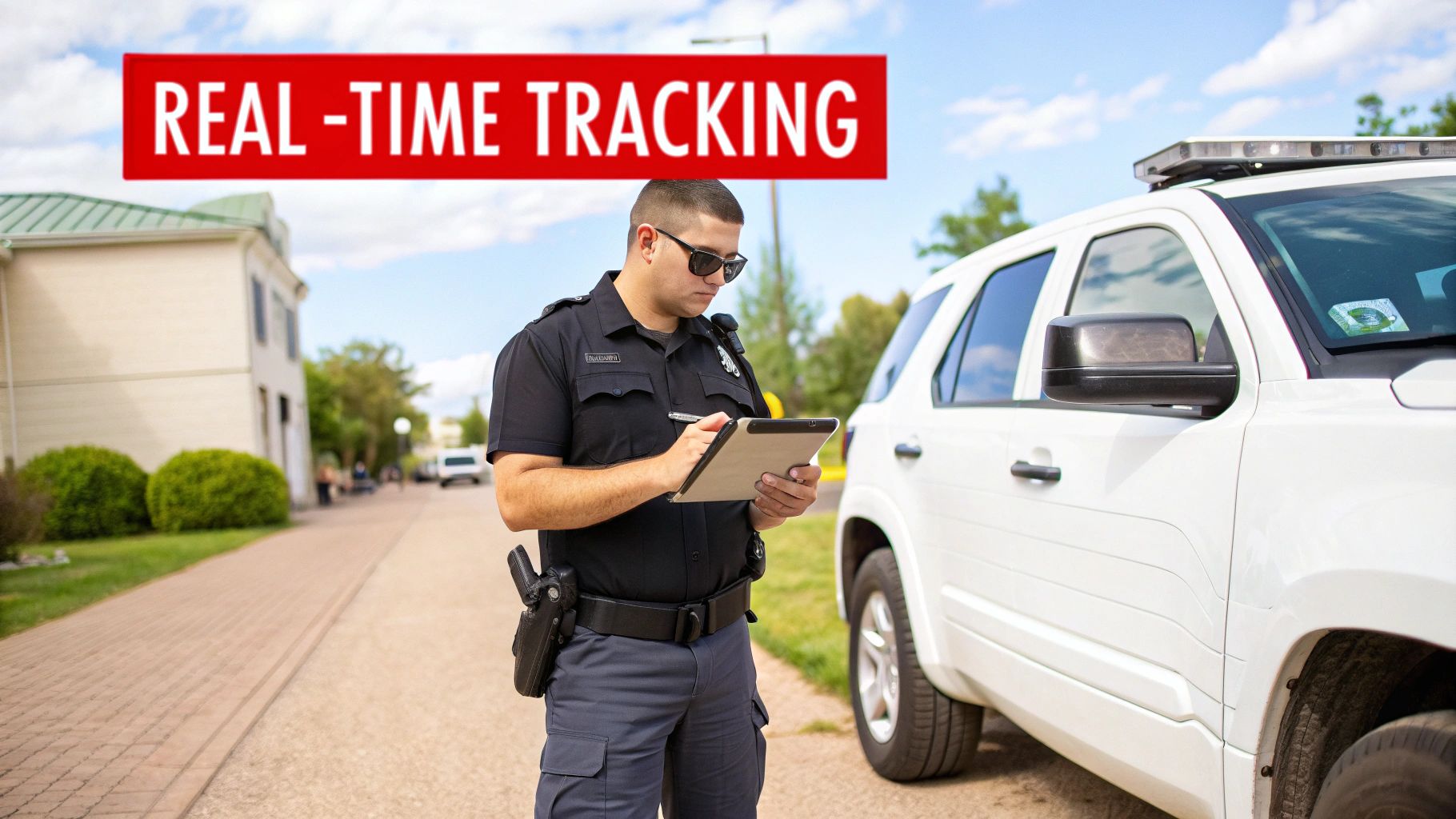 Security officer using a tablet for real-time tracking beside a patrol vehicle, emphasizing technology's role in accountability for mobile patrols.
