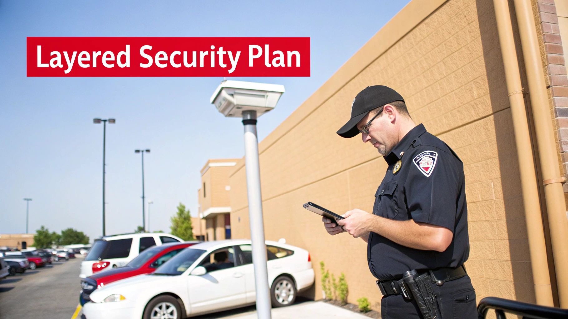 A uniformed security guard uses a tablet near a surveillance camera outside a commercial building.