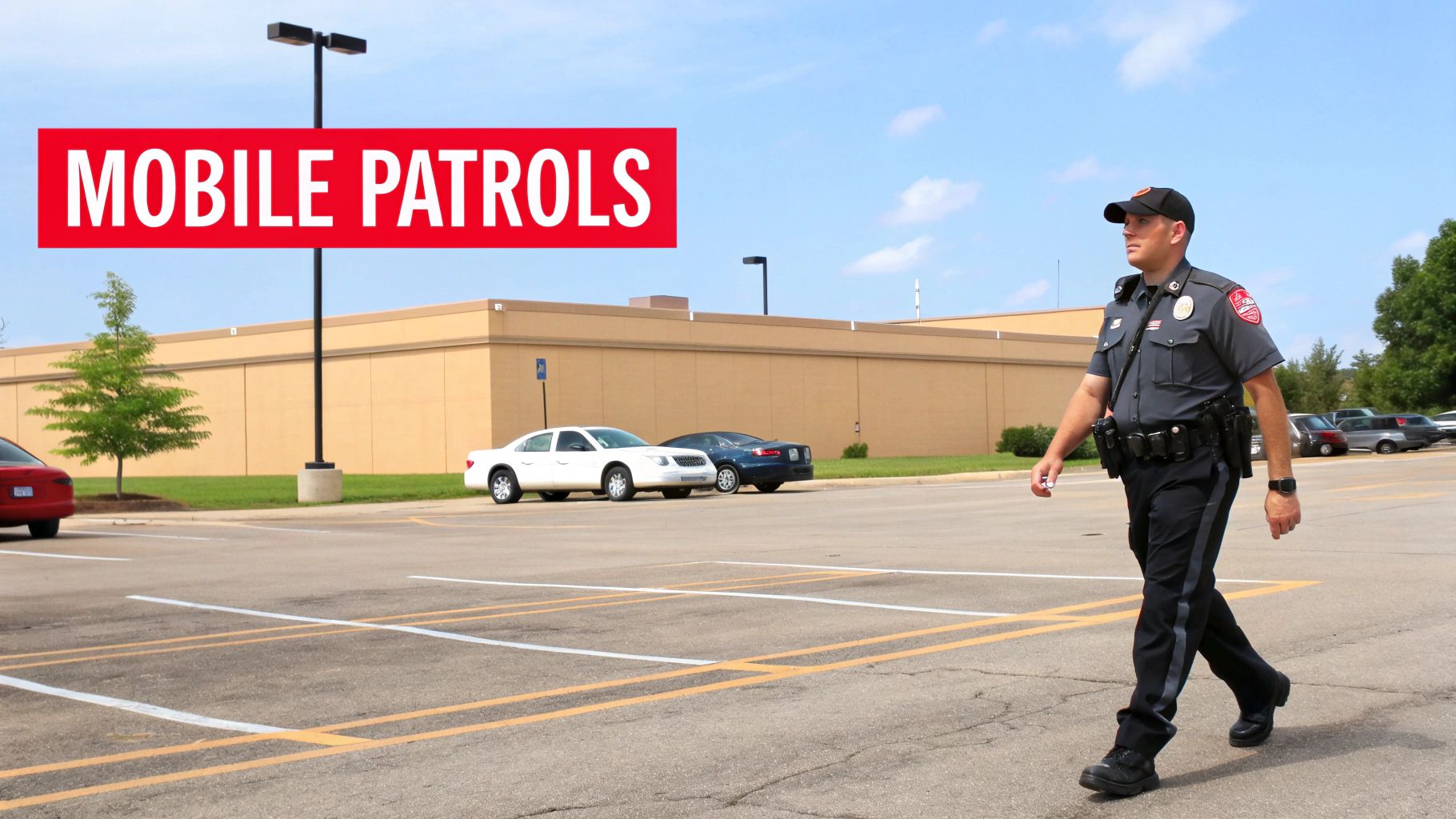 Security officer conducting mobile patrol walking through parking lot of commercial building