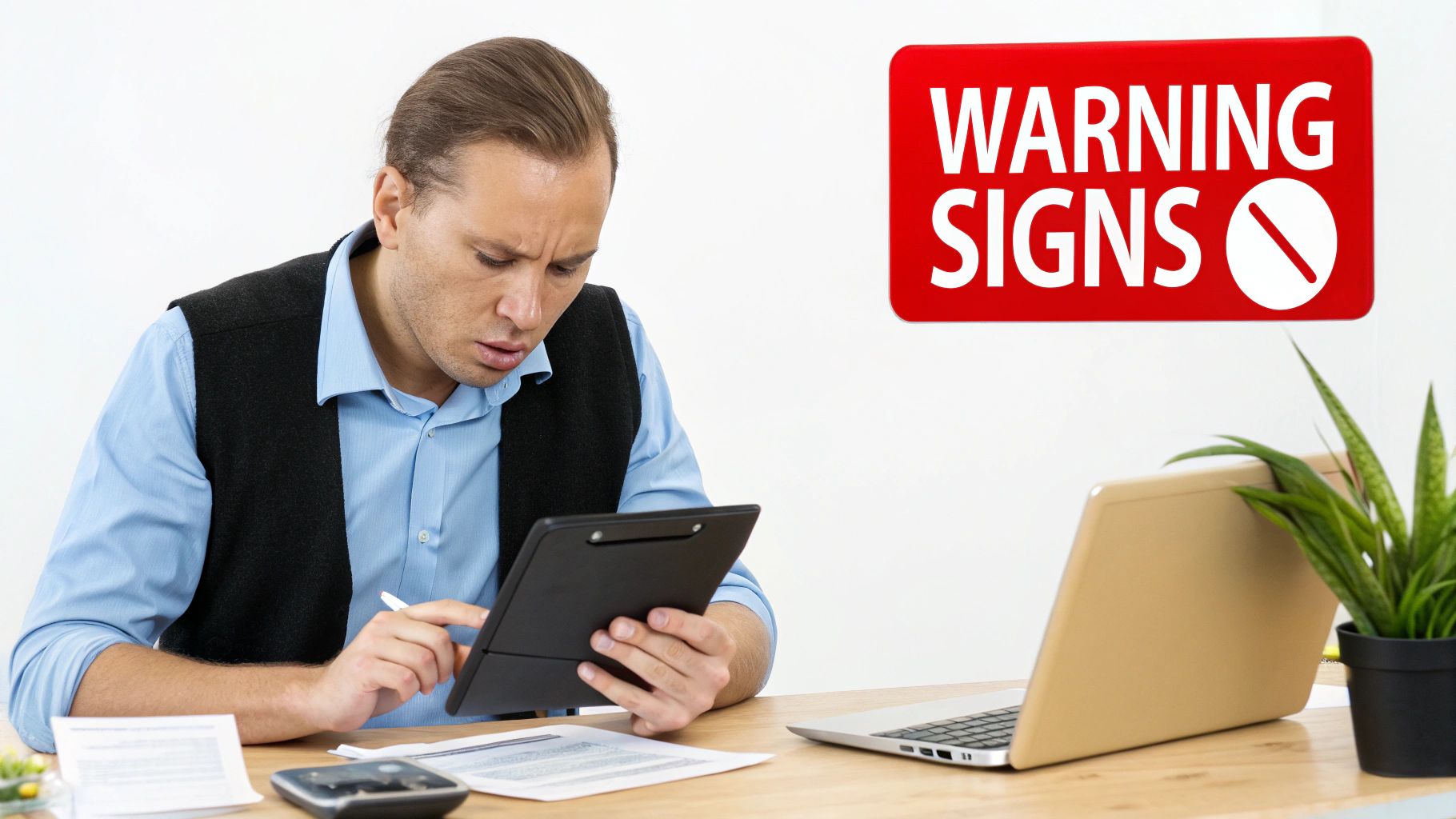 A concerned man at a desk examines documents on a clipboard, with a 'WARNING SIGNS' sign.