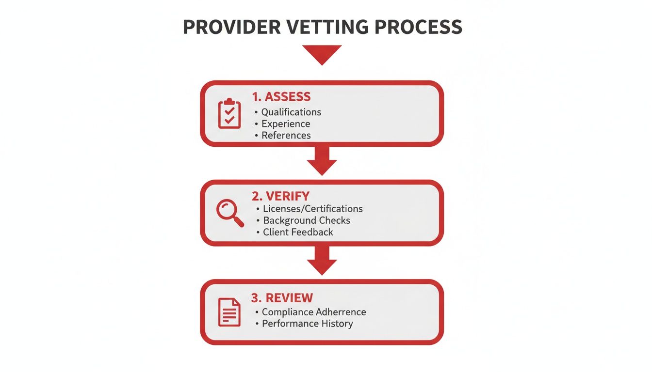 A diagram outlining the provider vetting process, showing three steps: Assess, Verify, and Review.