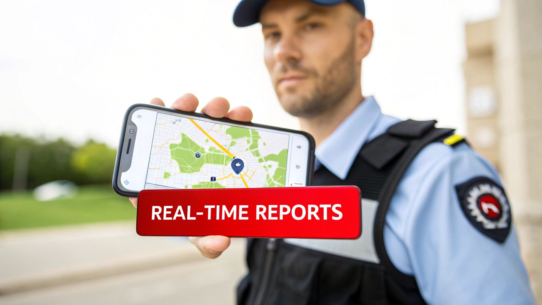 Security officer holding smartphone displaying GPS map with "Real-Time Reports" banner, emphasizing modern security technology and accountability in patrols.