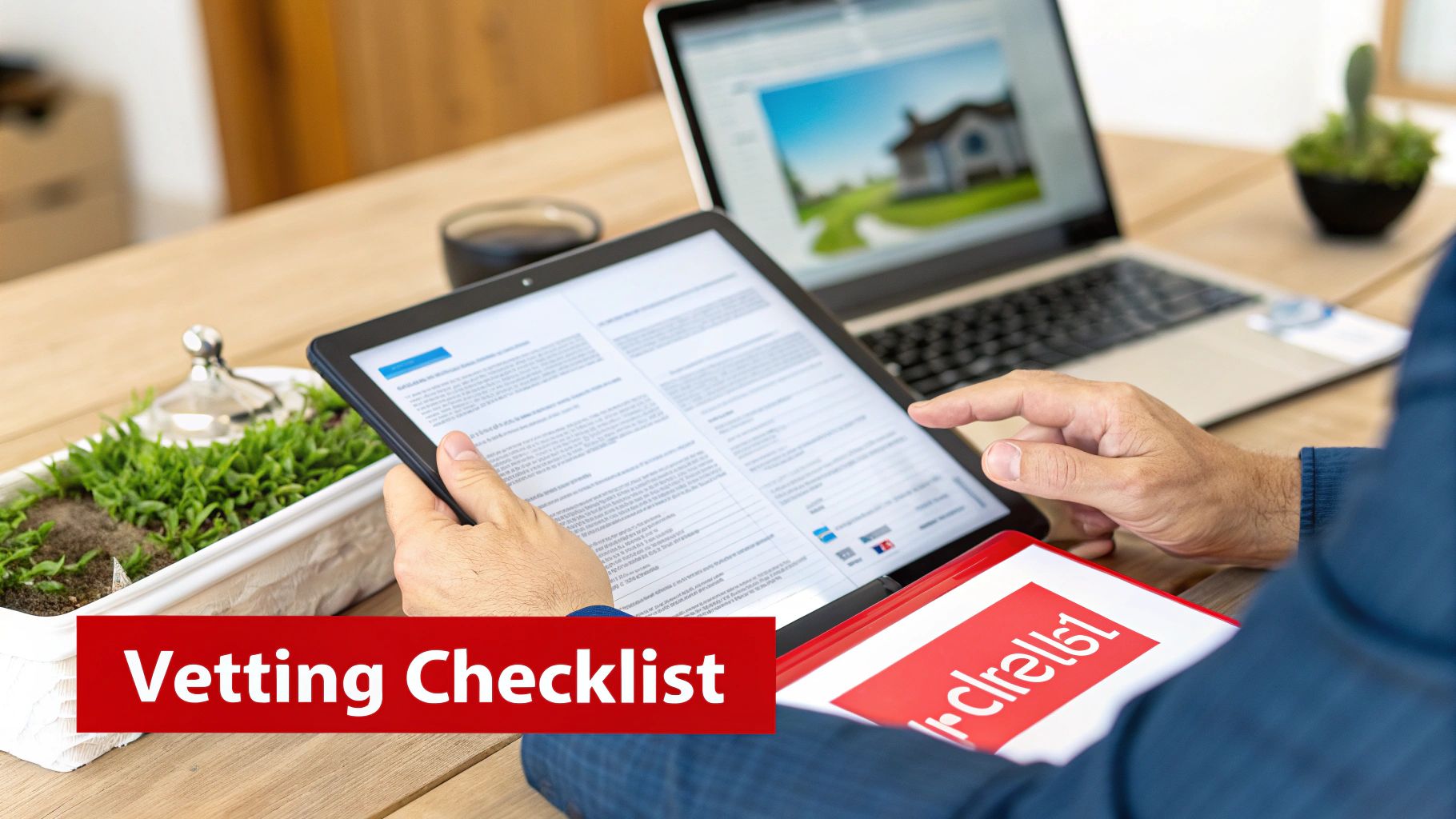 Person reviewing a vetting checklist on a tablet, with a laptop and plants on a wooden desk.