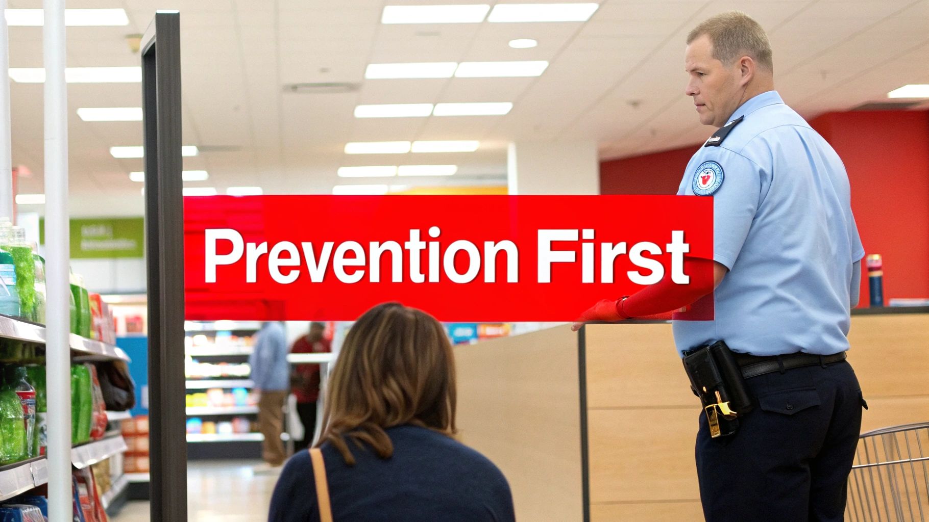 A uniformed security guard stands in a store next to a red 'Prevention First' sign.
